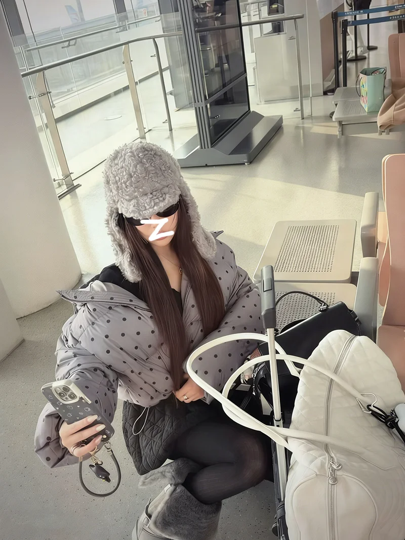 

Korean Sle Simple Polka Dot Hooded down Cotton Jaet Women's Winter New Faion Trend Fluffy Warm Bread Sle Outerwear