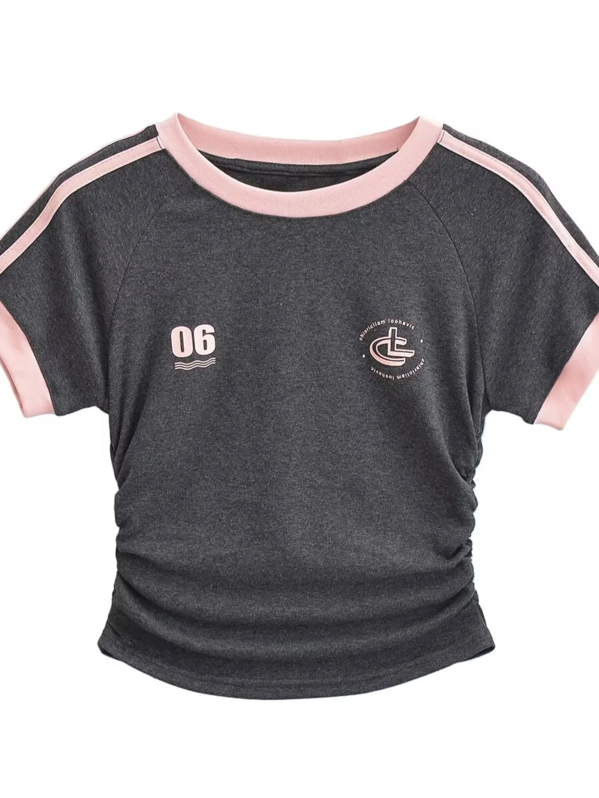 Slim Fit Short T-Shirt Pleated Waist Control Sexy Girl Sporty Casual Belly Button Baring Short Sleeve Top College Style Commu...