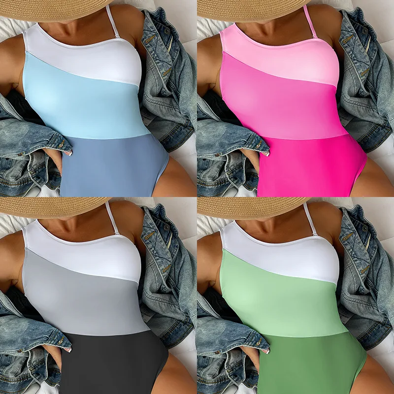 2024 New European and American One-shoulder Color-blocking High-waisted One-piece Bikini Swimwear Women Swimsuit