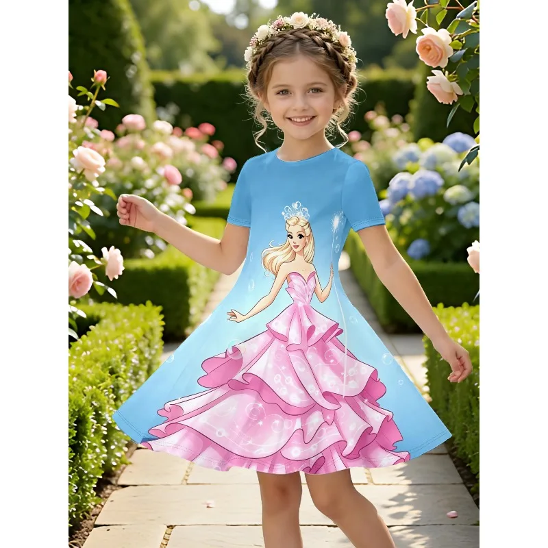 Cute Magic Wand Bubble Princess Printed Girl Casual Dress Fairy Tale Design Short Sleeve Dress Suitable for Birthday Gifts