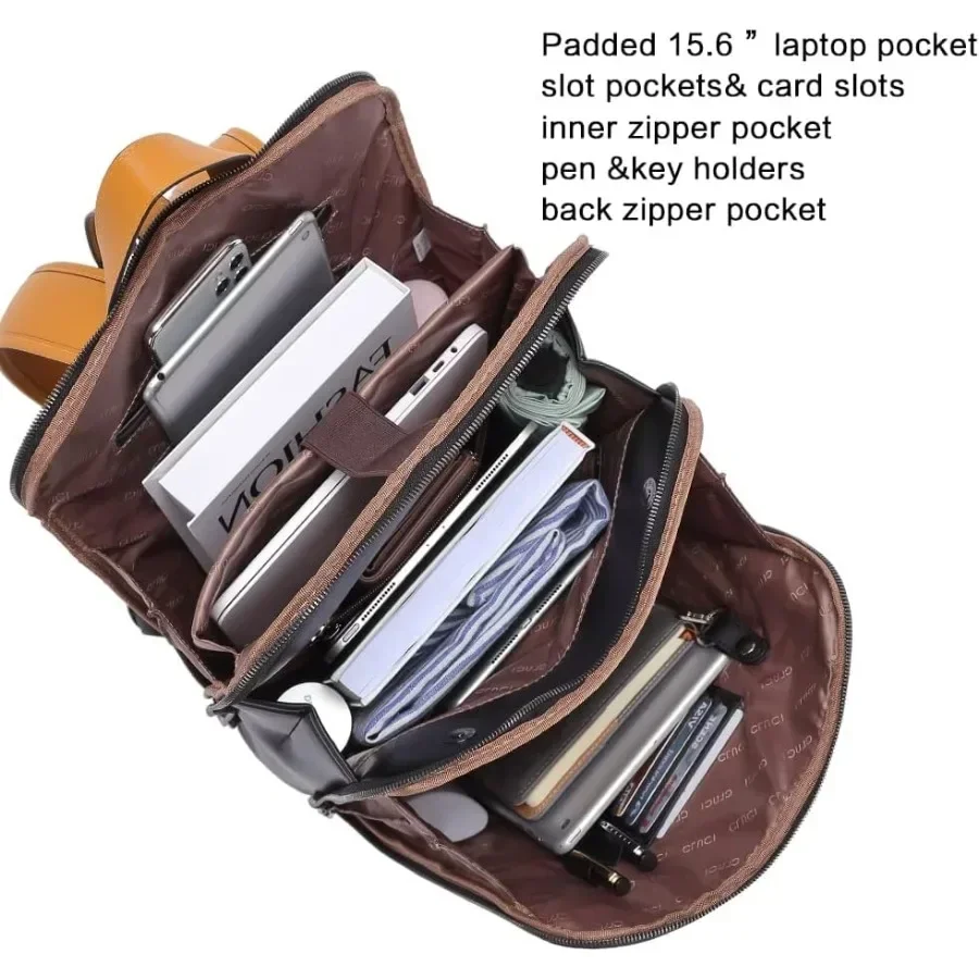 حقيبة ظهر جلدية من CLUCI للنساء مقاس 15.6 بوصة حقيبة كمبيوتر محمول كبيرة حقيبة ظهر أصلية للعمل للسفر مرة أخرى #3