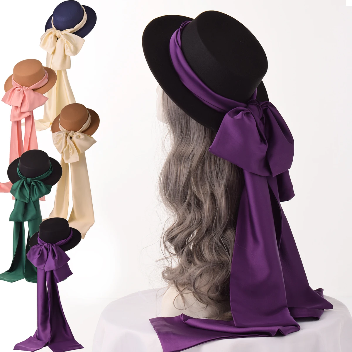 

Women Vintage Hat Lady Victorian Bowknot Wide Ribbons Cap