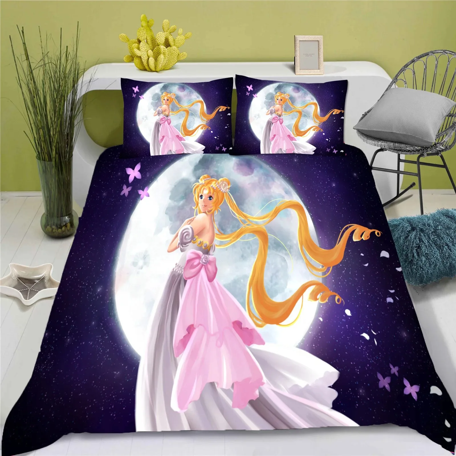 Juego de funda nórdica de M-MOON de Anime S-SAILOR Girl, cama de algodón de lavado suave, ropa de cama cómoda para el hogar para dormitorio de estudiantes de verano de 2/3 piezas