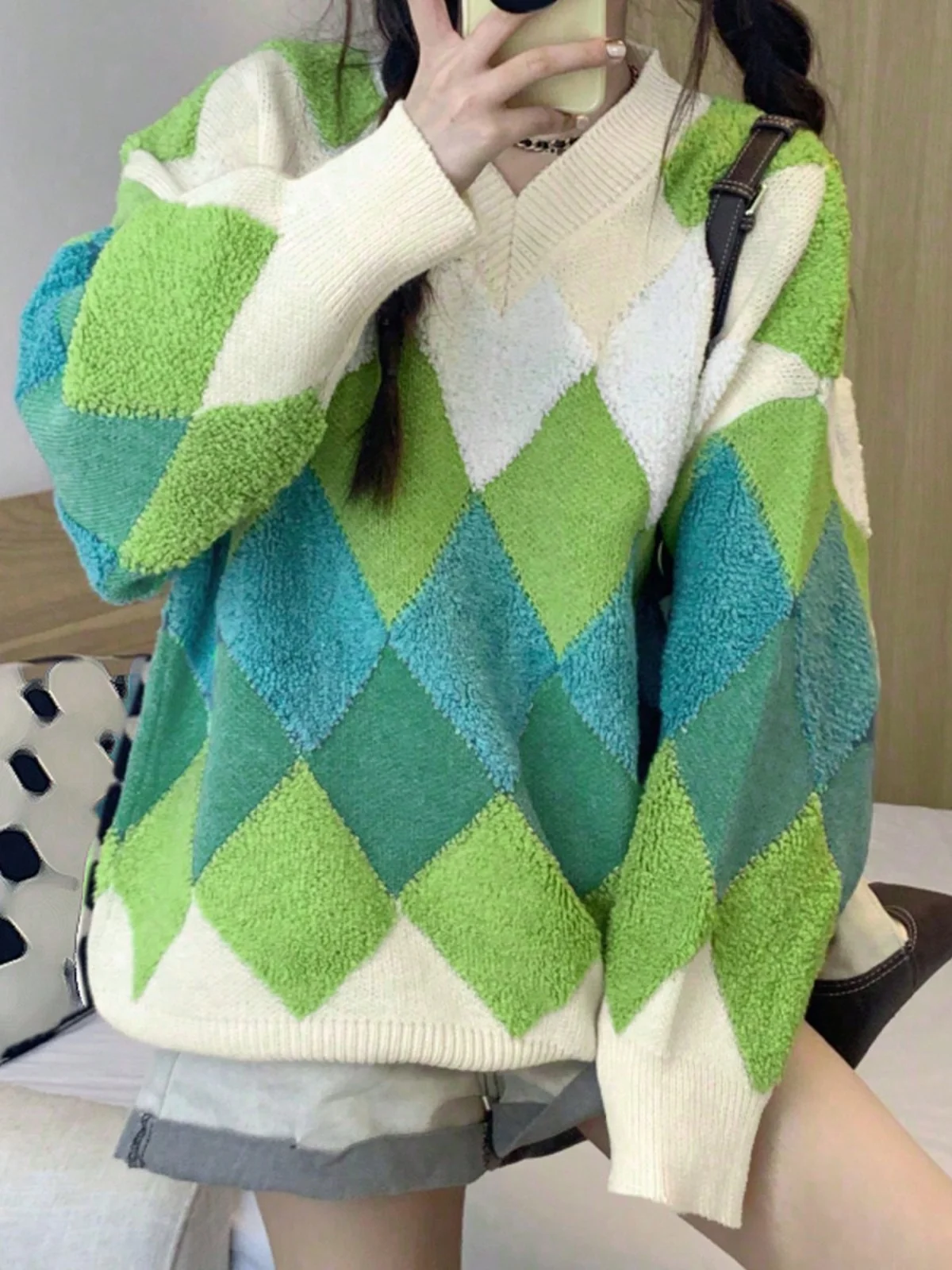 

Korean Chic V-Ne Geometric Loose Thiened Floing Knitted Sweater Autumn Winter Faionable Crew Ne Pullover Knitwear