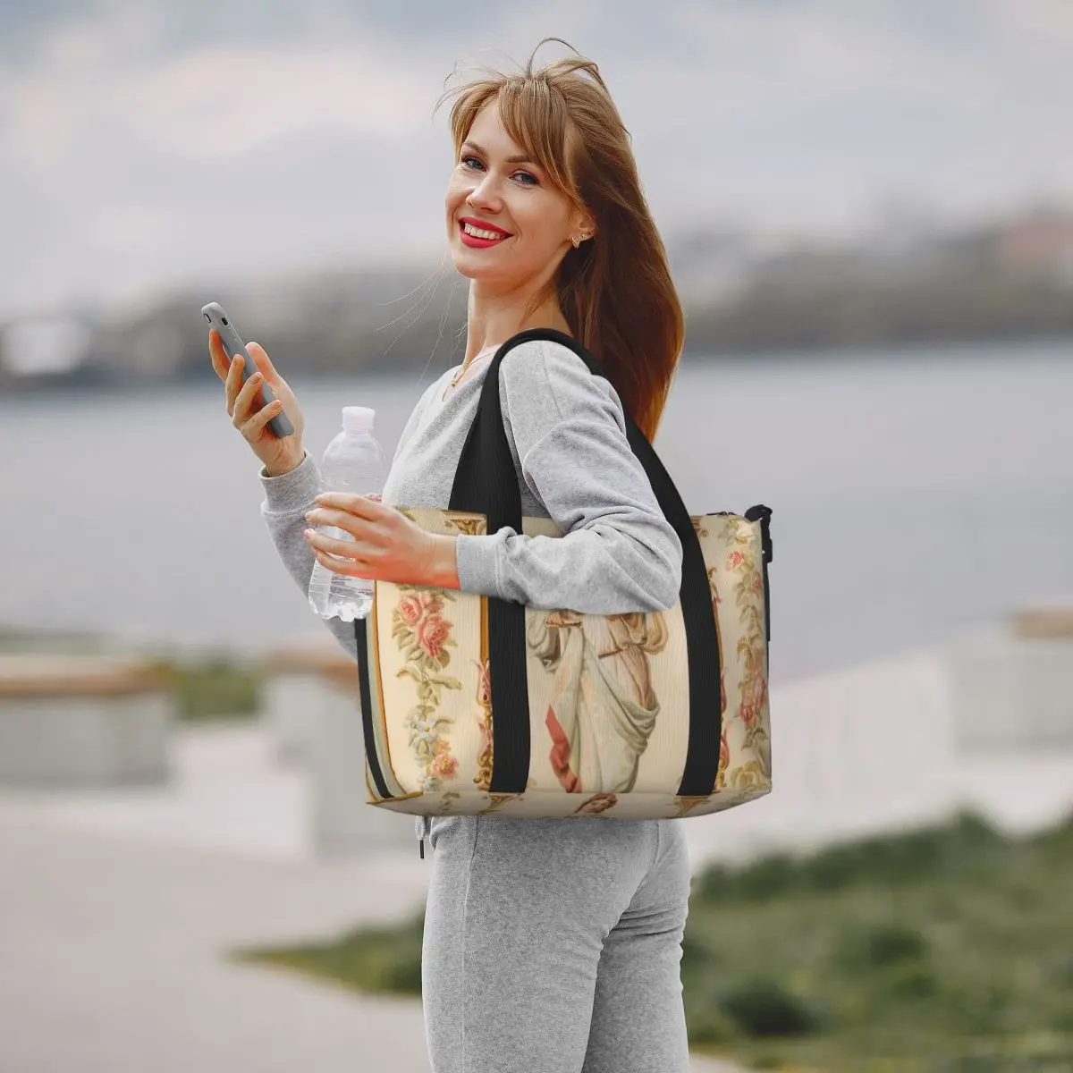 Borsa tote personalizzata grande francese Aubusson con arazzo antico Borsa da viaggio per palestra da spiaggia con tappeto floreale europeo da donna