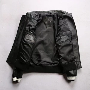 الرجال خمر جلد طبيعي الكلاسيكية سترة بيسبول سميكة جلد الغنم عالية الجودة التطريز ماركة 1.8 مم الفرنسية أفضل 10 معاطف شتوية من جلد الغنم للرجال مبيعا - No10