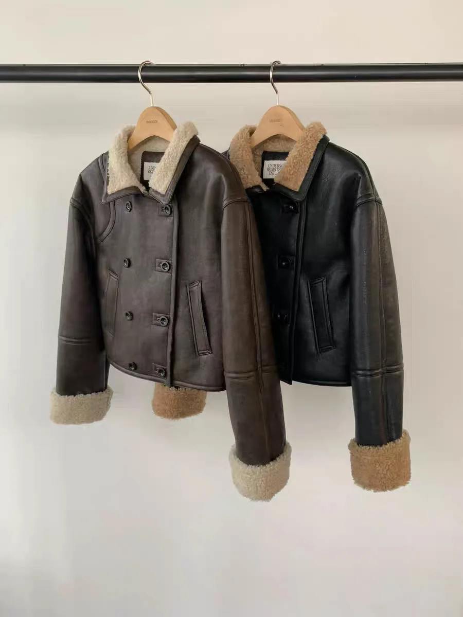 Warmte Vintage Sle Dames Jaet Dubbele Rij Knoppen Kraag PU Leer Bont Inteated ort Jas Thiened Long Sve