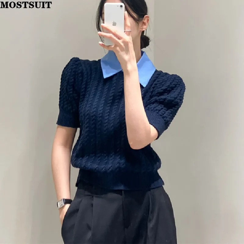 Korean Vintage Knitted Sweater Tshirt Women Fake Two Pieces Puff Short Sleeve Turn-down Collar Tees Tops Workwear Fashion Jumper