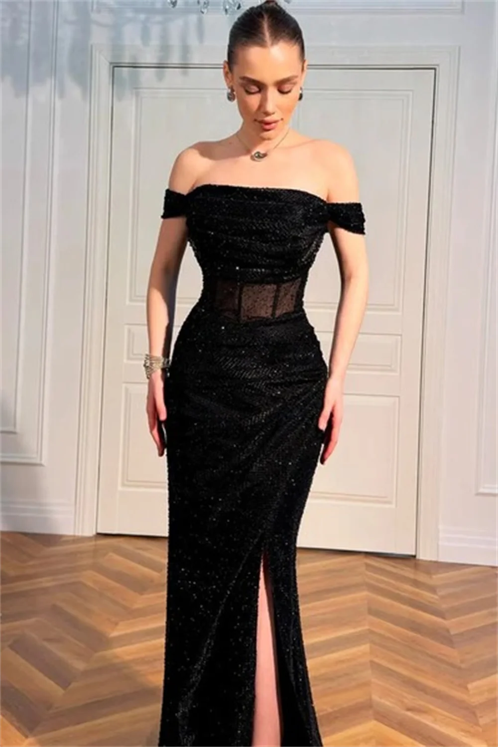 Contessa personnalisé noir épaules dénudées dos nu robe de bal fente latérale robes de soirée cheville-longueur femmes robes de gala de soirée