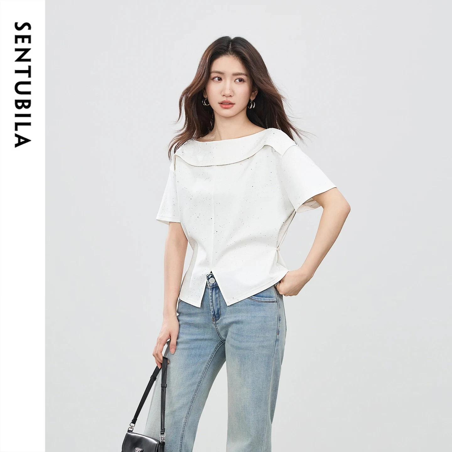 SENTUBILA Women's Short Sleeve Tee 2026 Summer Fashion Fold Over Off Shoulder Side Button Split Hem Loose Knit Top 162TA7155