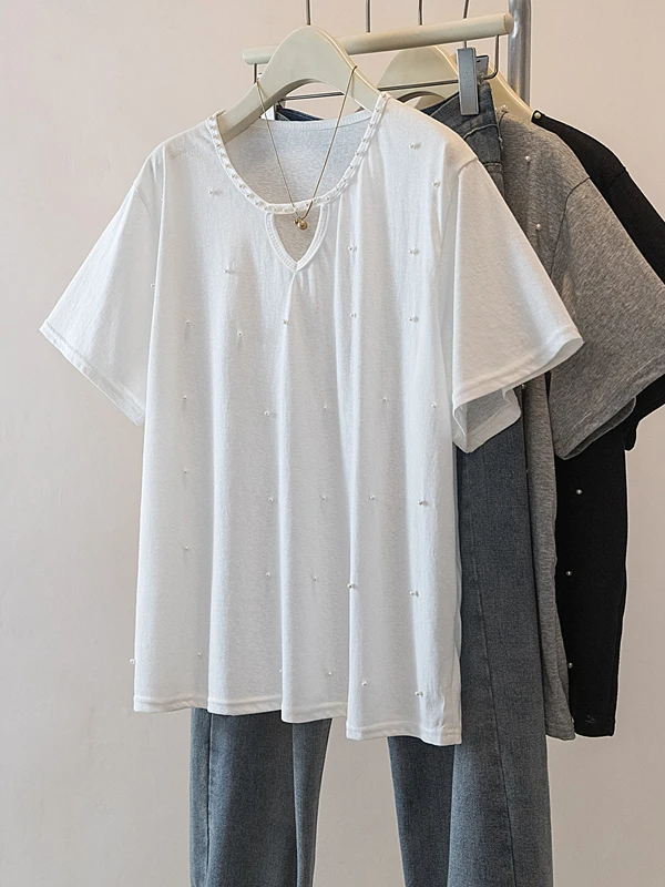 Women's Summer Short Sleeve T-Shirt Hollow out Heavy Embroidery Base Layer Pearl Decorated Slimming Effect Casual Commute Style