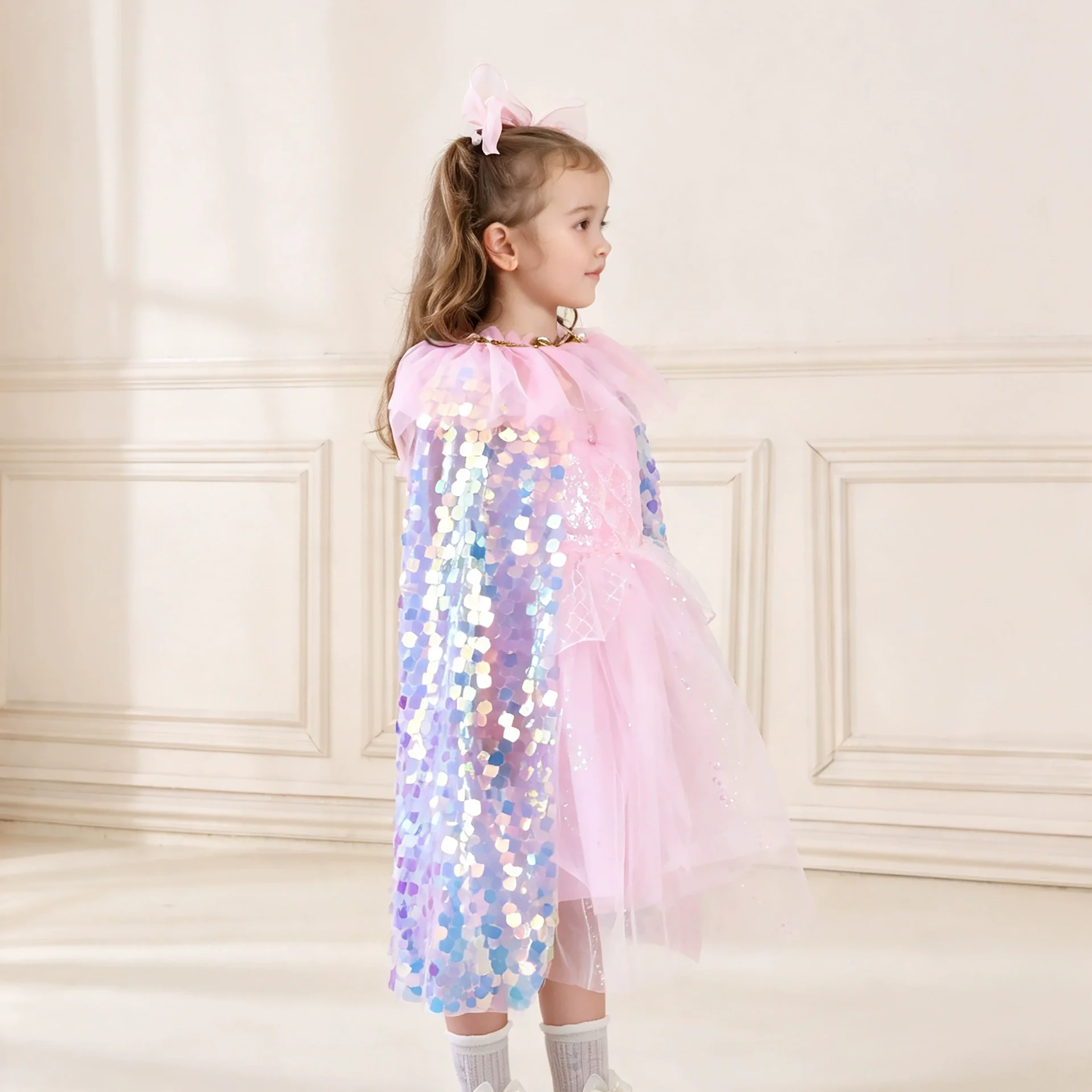 Girl's Sequin Cape Blue & Pink Layered Design with Gold Bling Trim Perfect for Kids Halloween Costumes And Festive Occasions