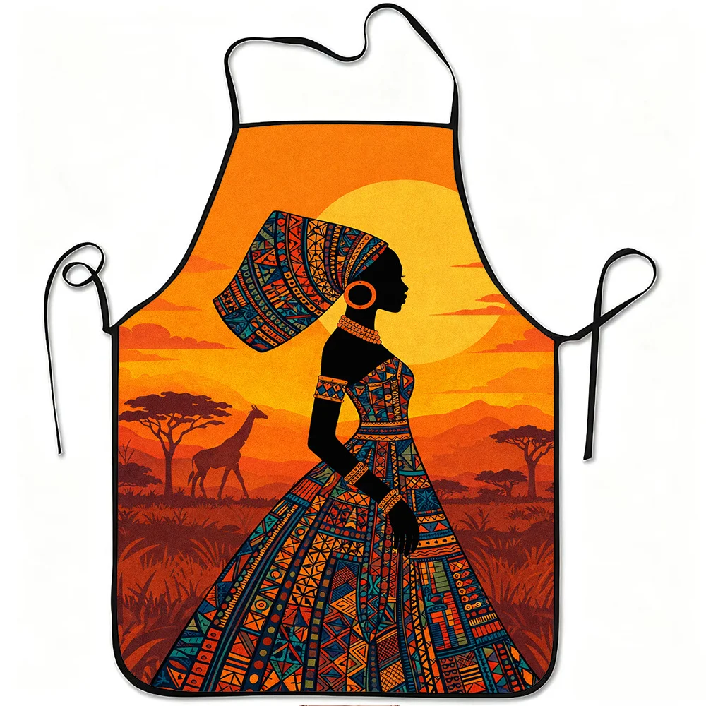 1pc Of Art Print Apron Featuring A Silhouette Of A Woman Against An African Sunset Made From Durable And Easy-To-Clean Polyester