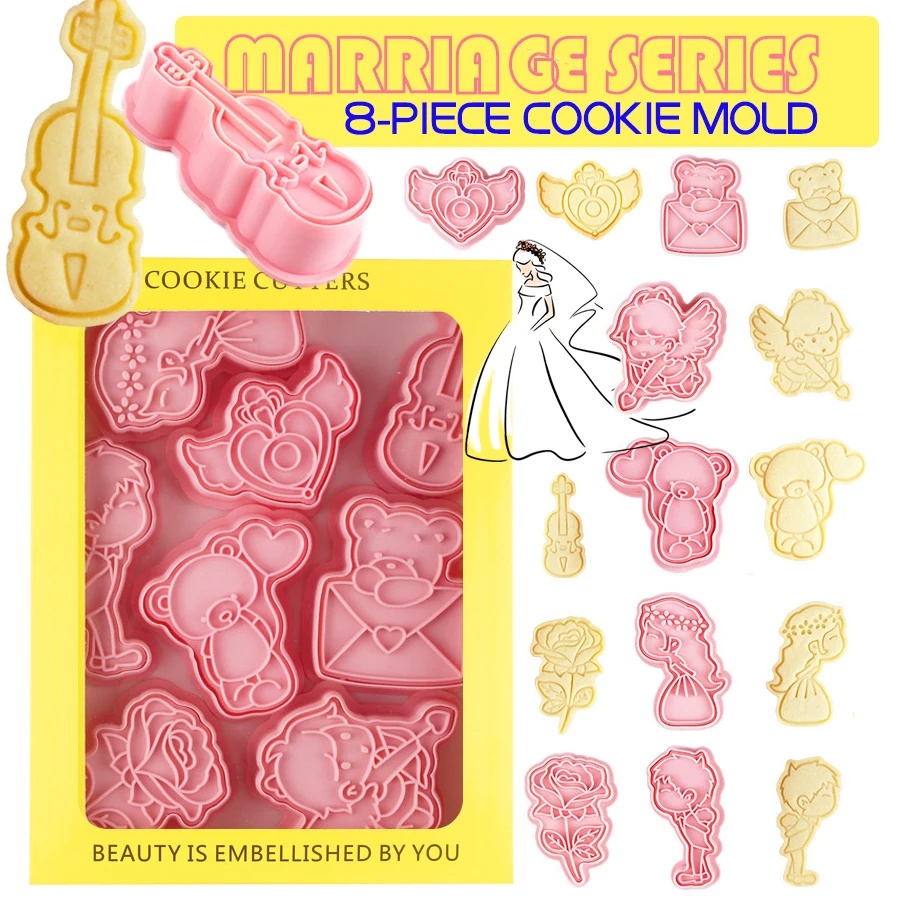 

8Pcs/Set Wedding Valentine's Day Frosting Cookie Cutters Plastic Mold Pressable Biscuit Press Mould Stamp Baking Pastry Tools