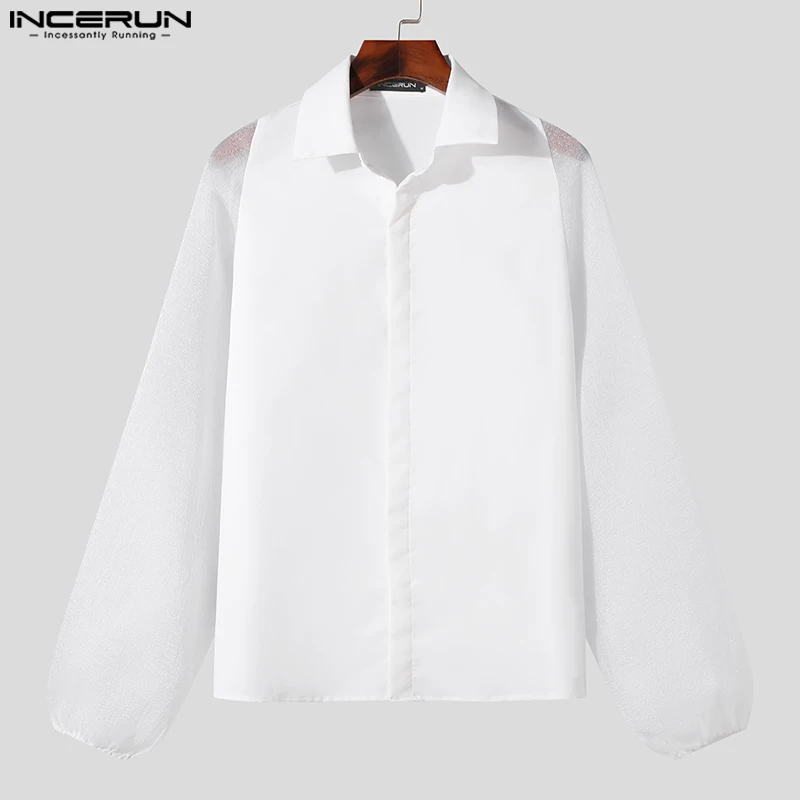 INCERUN Tops 2024 American Style Men\'s Patchwork Pleated Texture Shirts Casual Solid All-match Simple Long Sleeved Blouse S-5XL