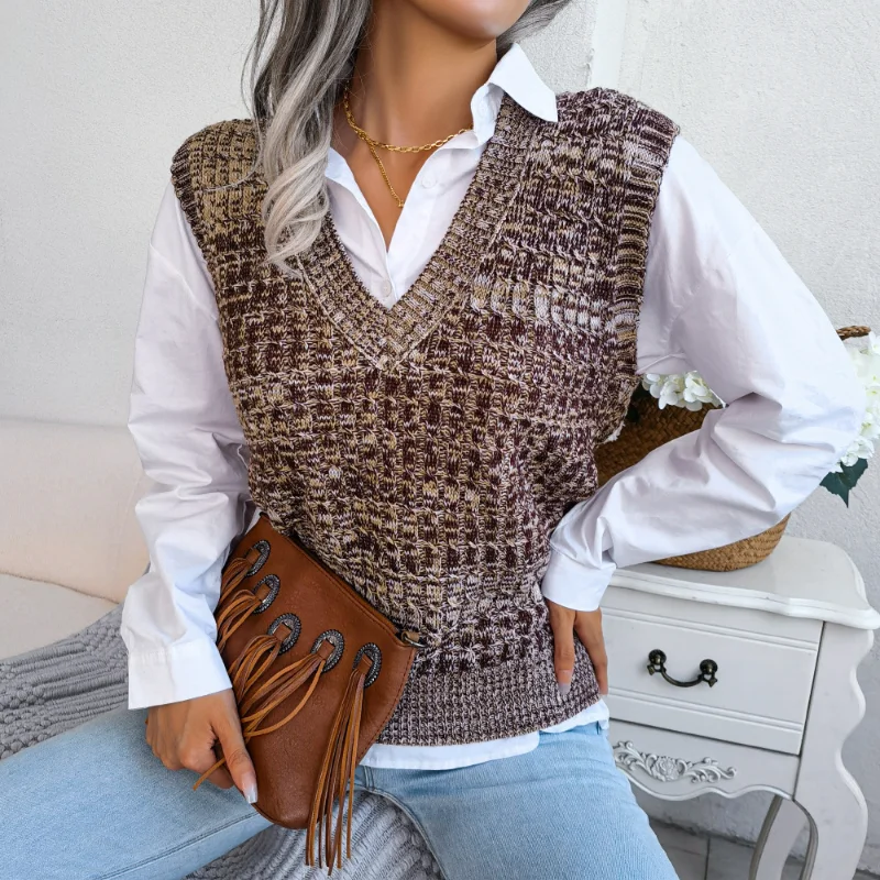 Autumn and Winter 2023 New Colorful Fried Dough Twists V-neck England Style Comfortable Knitted Vest Versatile Thin Female Vest