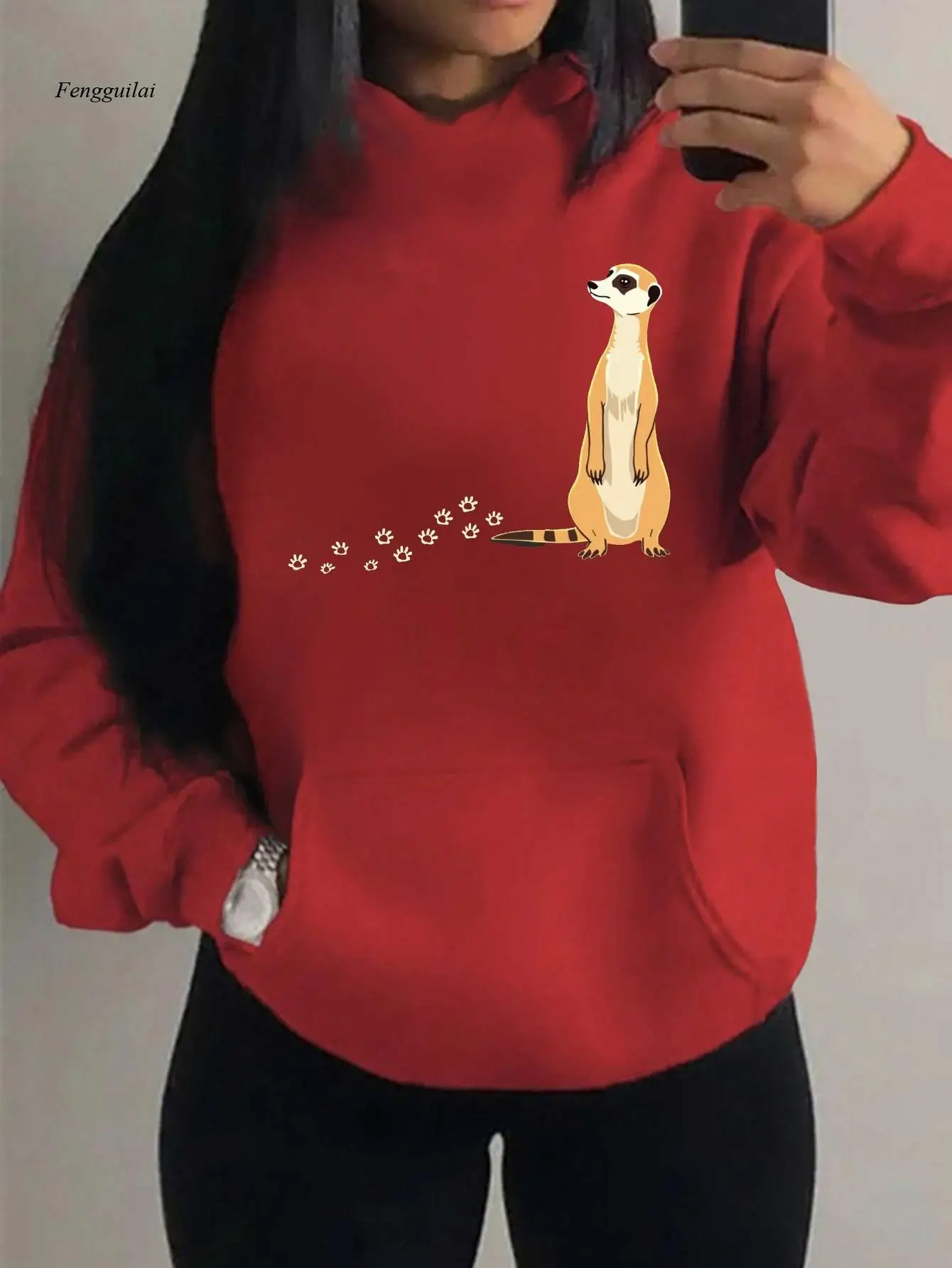 Sweat à capuche rouge imprimé suricate et patte – Design visage et queue de suricate mignon, sweat-shirt à capuche confortable avec poche
