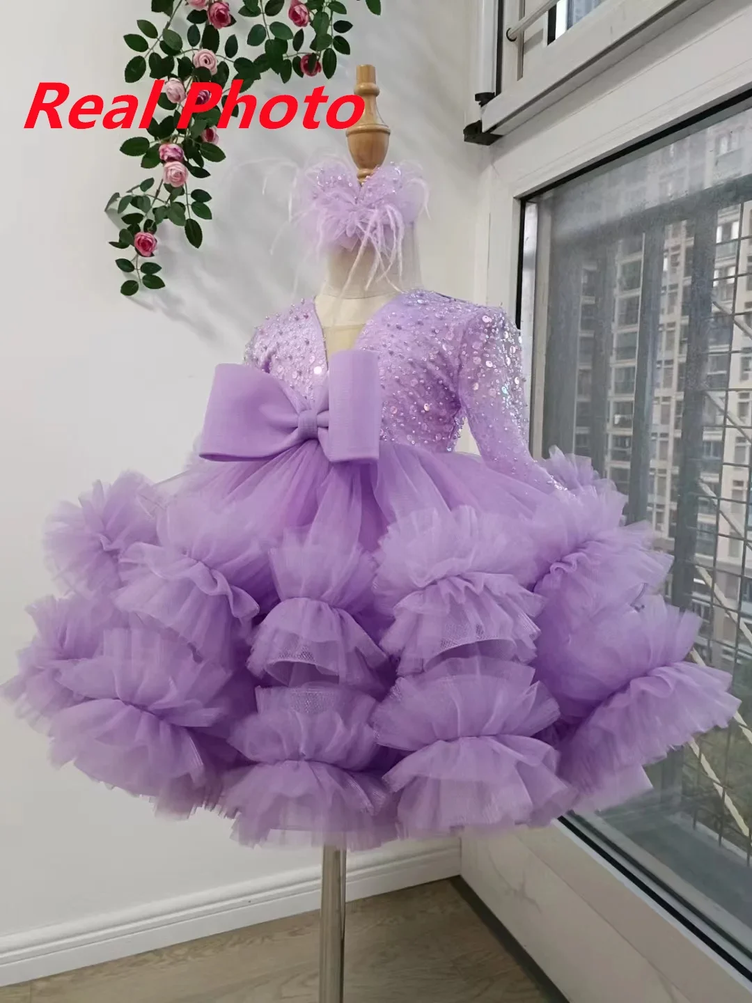 Luxury Flower Girl Dress Scoop Neck Puff Girls Party Dresses for Wedding Short Sleeves Tulle Kids Christmas Ceremonial Dress