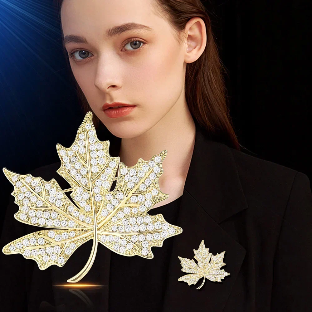 New Gold Color Rhinestone Maple Leaf Brooch Pin for Women Luxury Plant Shape Jewelry Wedding Party Accessories Gifts Брошь