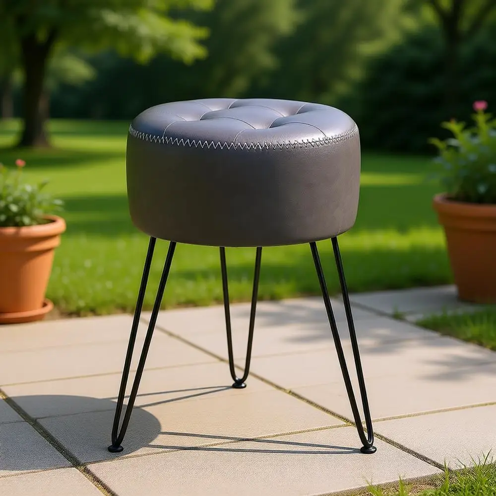 

Grey Leather Vanity Stool, 19 Height, Metal Legs, Ideal for Makeup Room or Bedroom