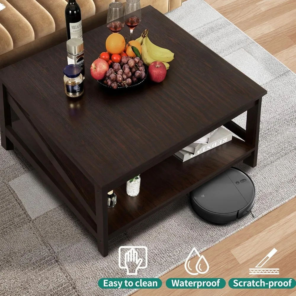 Mesas de café quadradas com armazenamento, mesa de café de 2 camadas para sala de estar, mesa central para casa