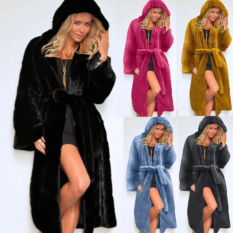 

Women Fall Winter New Faux Fur Coat Hooded Cotton Thickened Long Plush Fur Coat Windbreaker Jackets for Women Coats