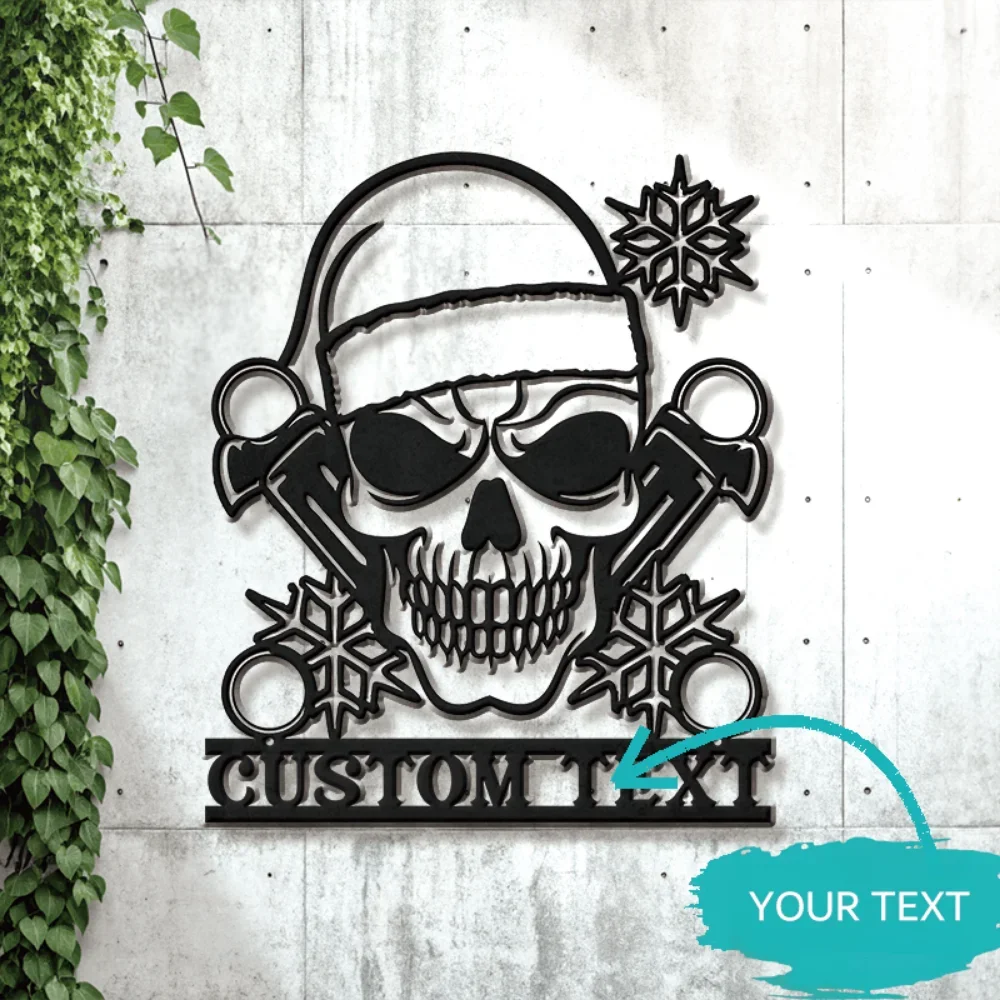 Home Decor,Unique Edgy Custom Skull with Santa Hat Metal Wall Decoration Industrial Punk Aesthetic Monochrome Line Art for Garag