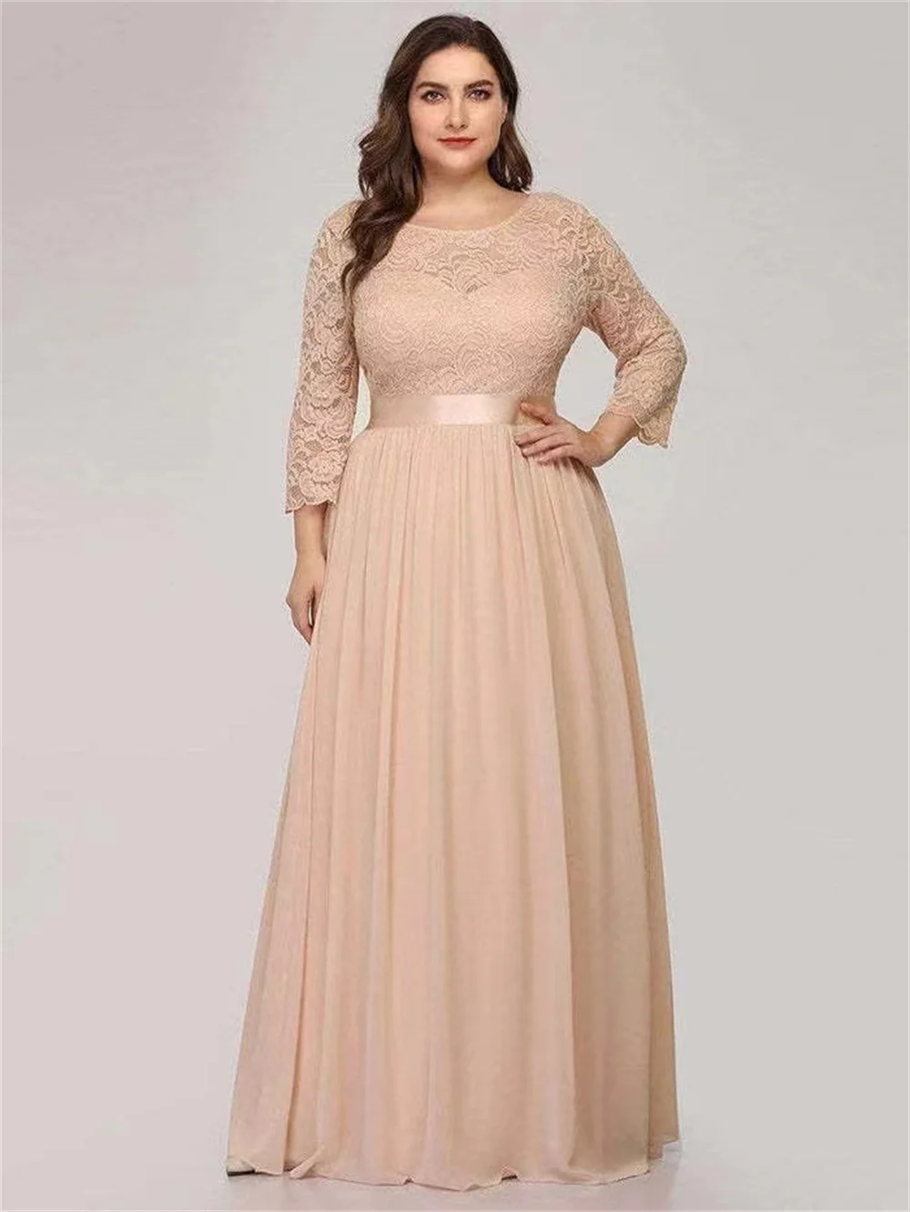 3/4 Sleeve Mother of the Bride Dresses Round Neck Lace Belted Ladies Birthday Party Dresses Formal Occasion Dresses فساتين طويلة