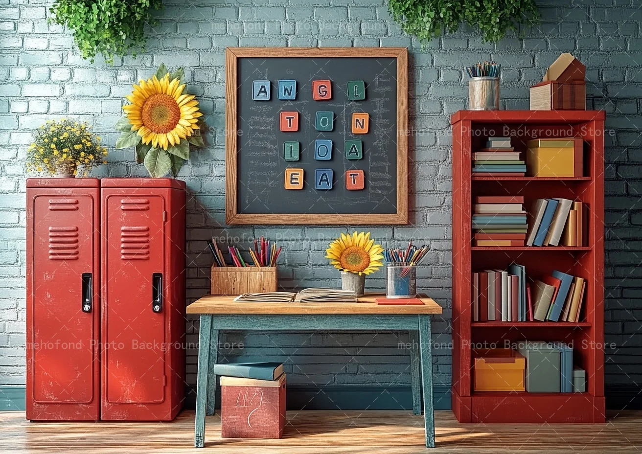 Mehofond 写真撮影背景 新学期 レッドアイアン収納キャビネット 木製テーブルチェア キッズファミリーポートレート背景装飾