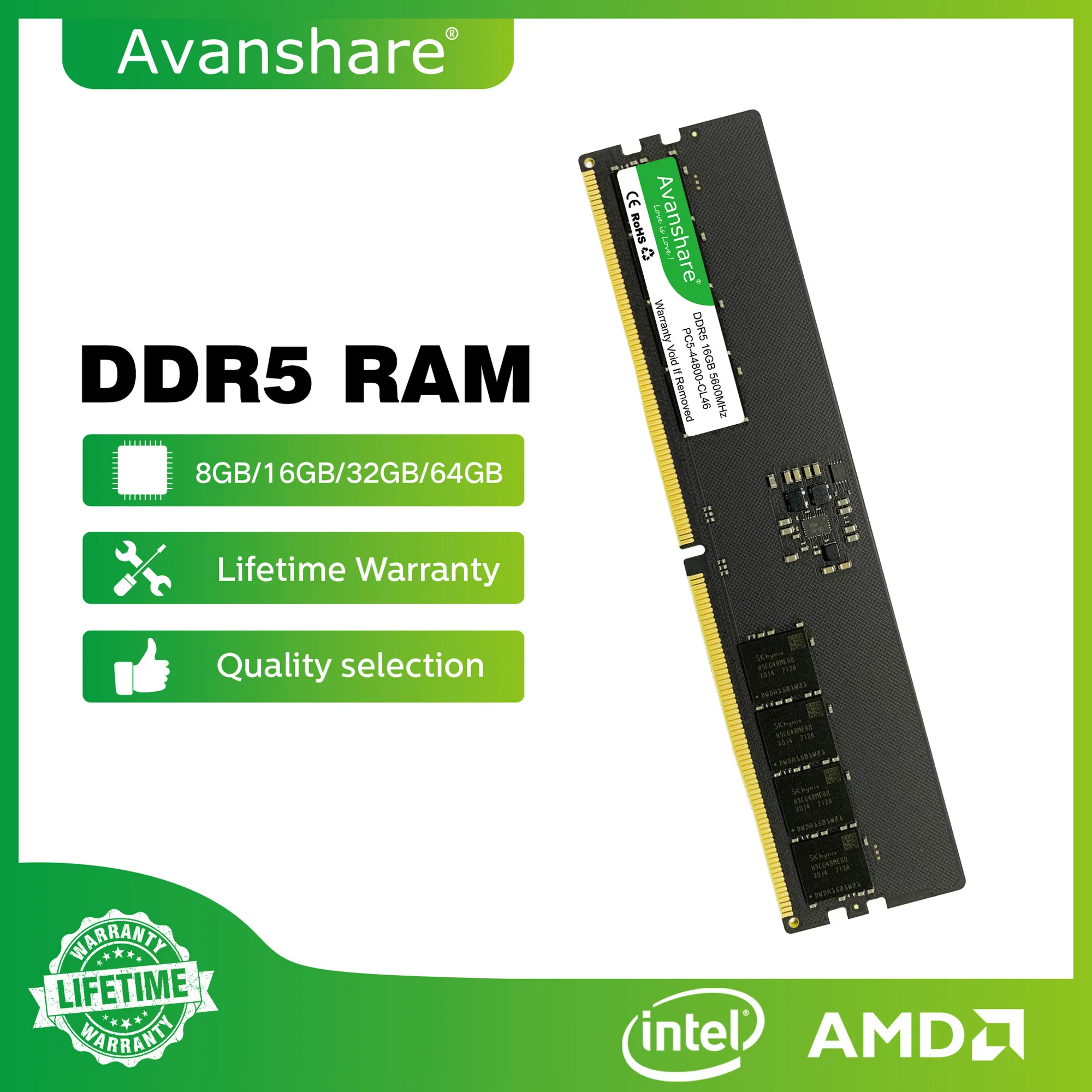 Avanshare Memoria Ram DDR5 32GB 16GB 8GB 4800MHz 5600MHz Udimm Computer Desktop Memory Support Intel and AMD