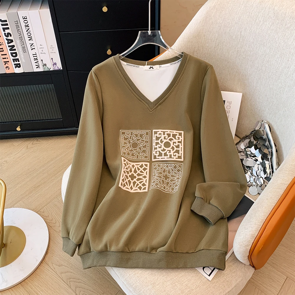 

Autumn and Winter New Plus Size Women's V-Neck Loose Casual Sweatshirt Daily Commuter Hundred Sleeve Long Sleeve Street Top