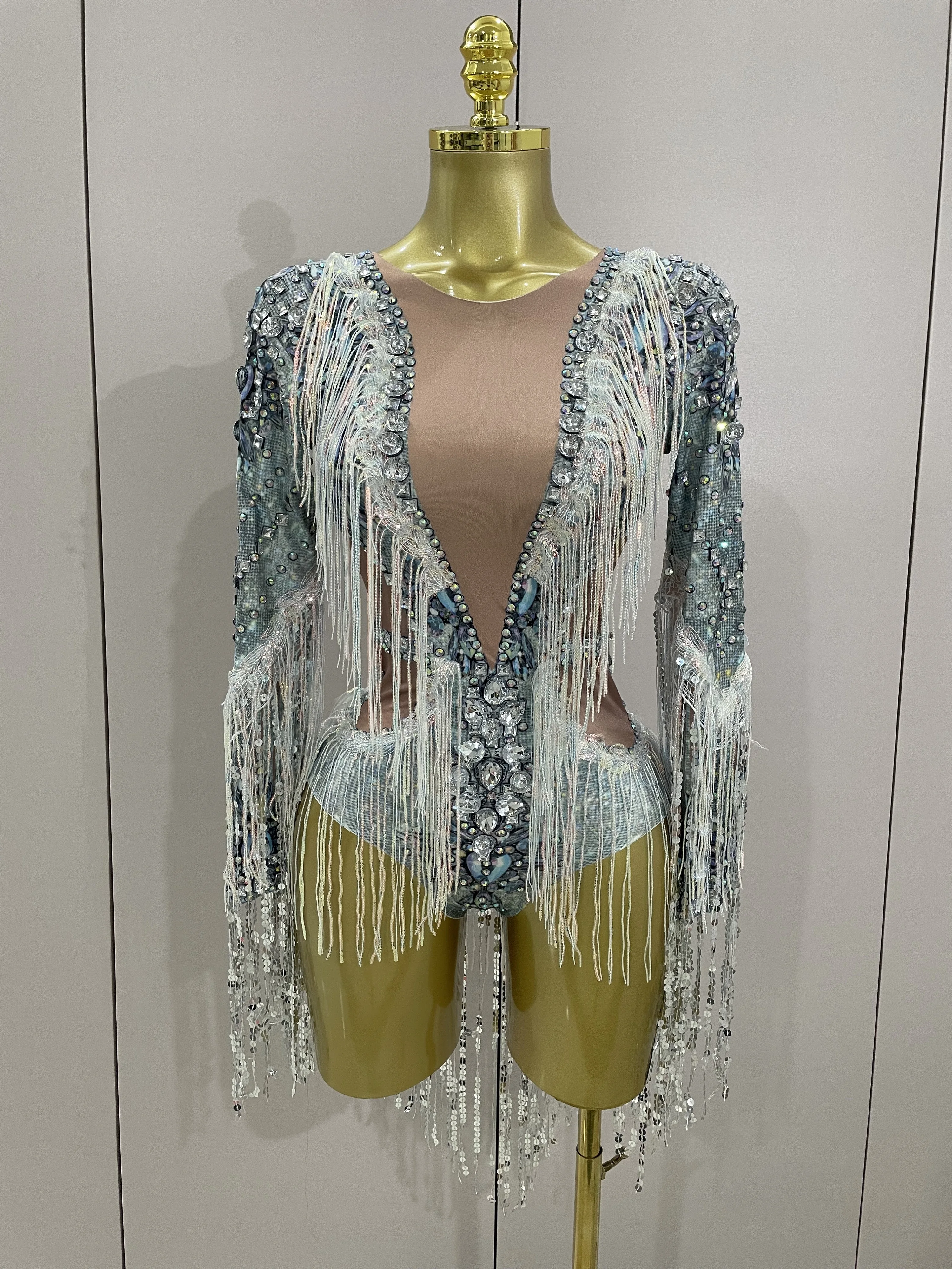

2025 New Sparkly Crystal Rhinestones Long Sleeves Tassel Sexy Stretch Bodysuit Women Nightclub DJ Stage Singer Perform Costume