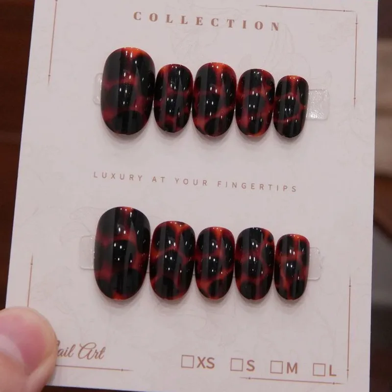 Vintage Tortoise Shell Short Round Square Press On Nails,Elegant Amber Smudge False Nails,Trendy Removable Reusable Popular Mani
