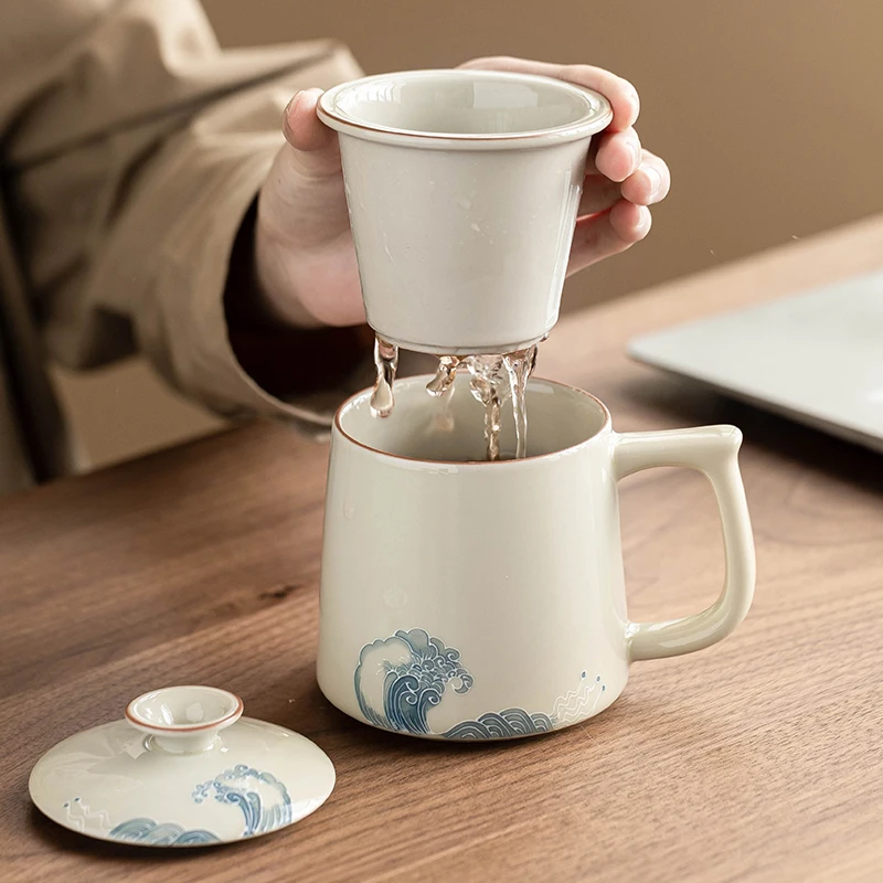 

Chinese Style Ceramic Mugs, Home Personal Office Creative Teacup With Cover, Filtered Tea Water Separation, Tea Cups, 350ml, 1Pc