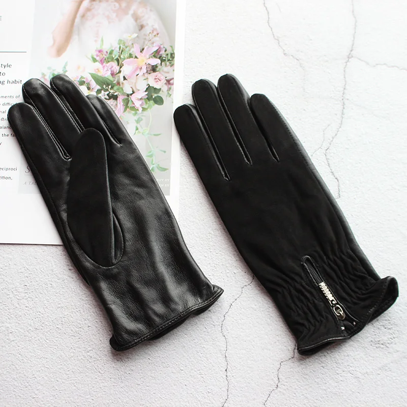 Fashion Zipper Leather Sheepskin Gloves Women\'s Suede Autumn and Winter Warm New Touch Screen Motorcycle Riding Gloves