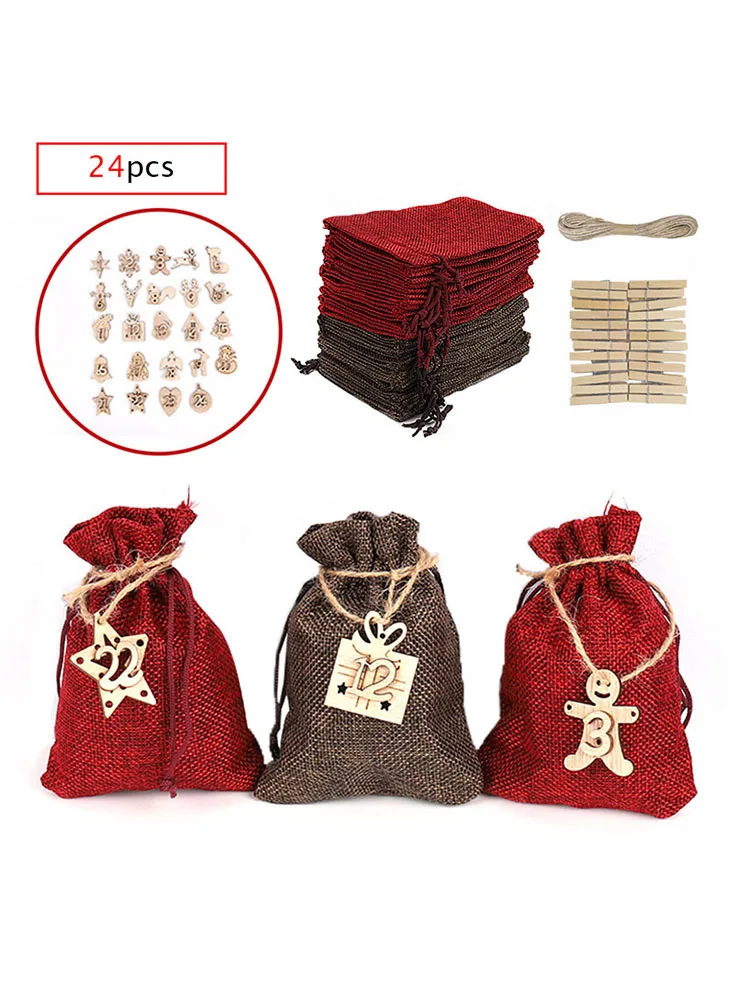 

Christmas Linen Bags Countdown Calendar Burlap Drawstrings Gift Bags Candy Pouch