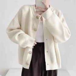 Lucyever Women Single-Breasted Solid O-Neck Cardigan Sweater Soft Thicken Warm Knitwear Jacket Woman Casual Loose Jersey Sweater