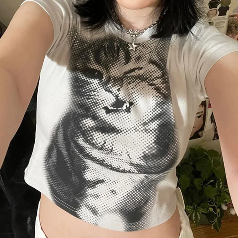 

American Statement Cat Printing Contrast ColorTT-shirt2024Summer New Women's Outer Wear Fashion Casual Crew Neck Top Short