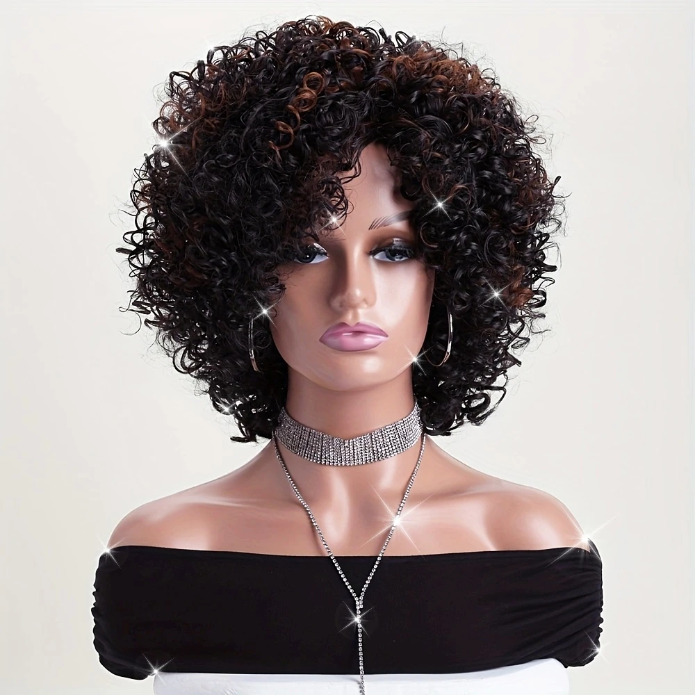 

12inch Women's Afro Curly Hair Small Curls Black and Brown, Elastic Net Synthetic Wig