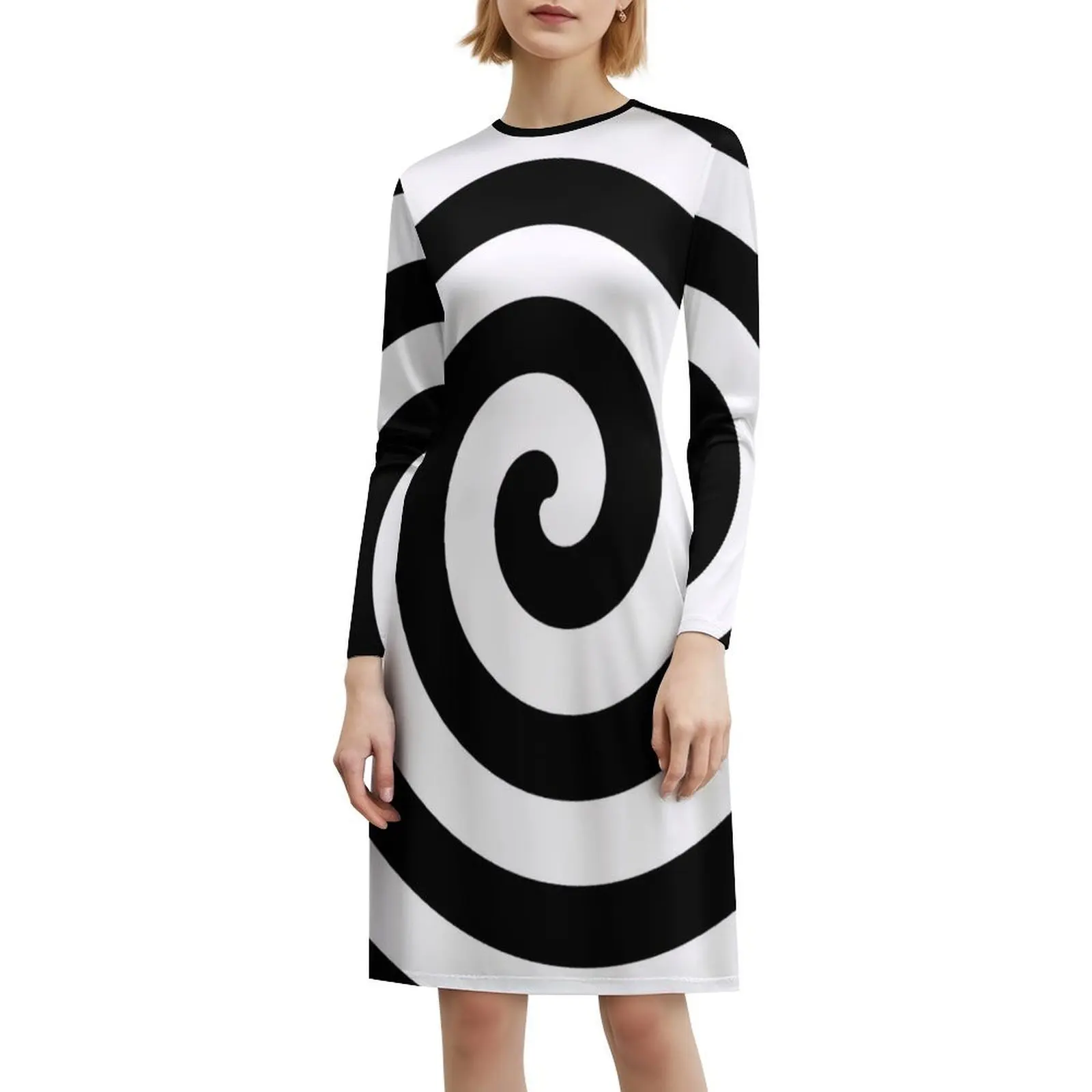 أسود أبيض دوامة 2 الكورية نمط فستان كاجوال للنساء بسيط يوميا مكتب سيدة فساتين المجال دوامة جولة العديد من الأسلحة السوداء #6