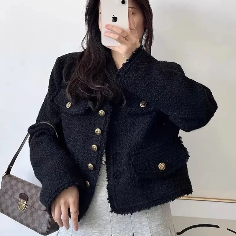 

GIDYQ Korean Fashion Cropped Tweed Jacket Women Autumn Winter Black Long Sleeved Tassel Coats Elegant All Match Outerwear