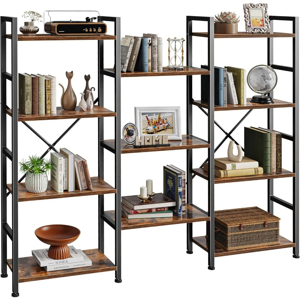 Triple 4 Tier Bookshelf, Bookcase with 11 Open Display Shelves, Wide Bookshelf Bookcase for Home & Office, Rustic Brown