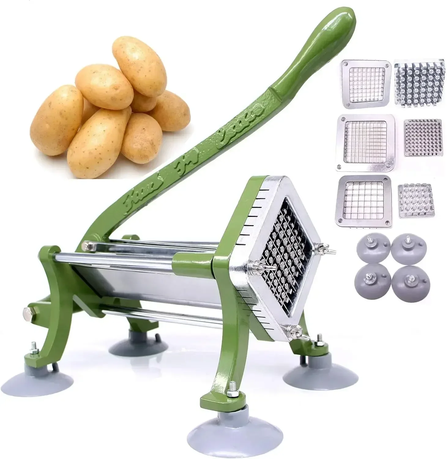 

Kitchen supplies French Fry Cutter Commercial Potato Slicer with Suction Feet Complete Set, Includes 1/4", 3/8",1/2"