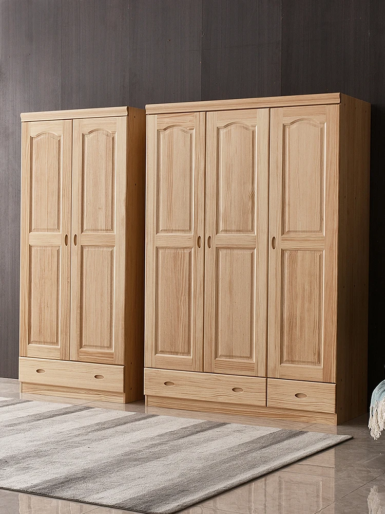 Solid wood wardrobe Simple pine Two doors Three doors Children's adult swing door wardrobe Log color storage wardrobe