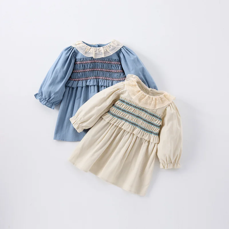 

Girls' princess dress, spring and autumn style, lace doll collar, ruched long sleeves, stylish trendy dress