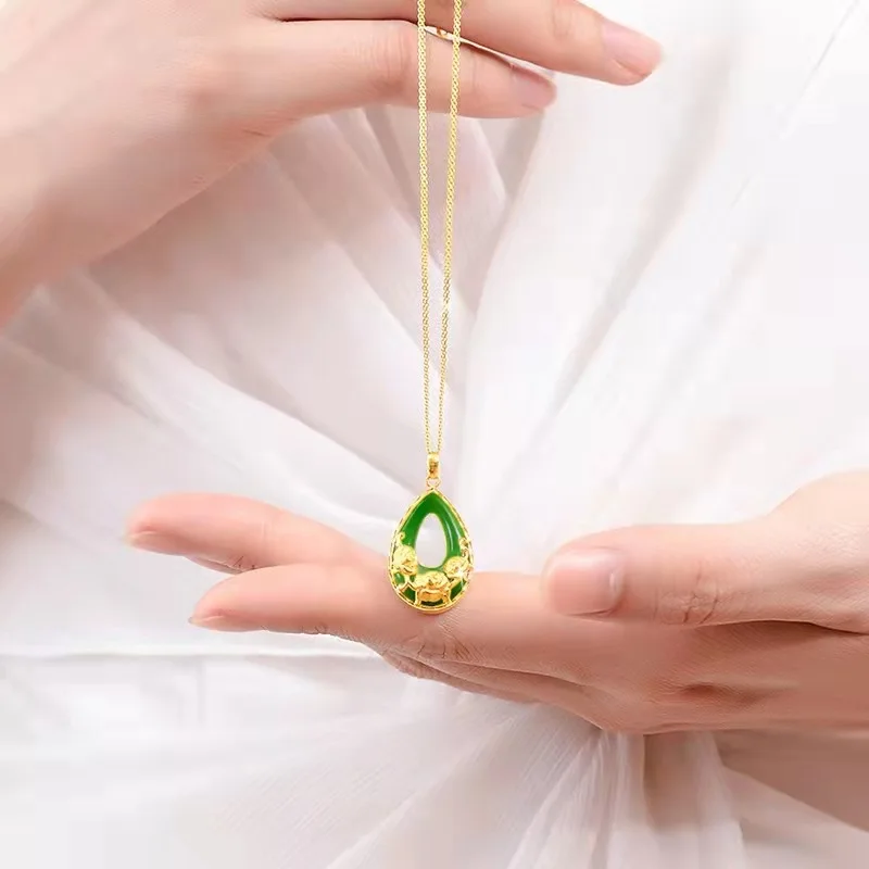

Water Drop Jade "Bloom Fortune" Pendant Women 24K Gold AU999 - Jade & pure gold, auspicious design, elegant for women