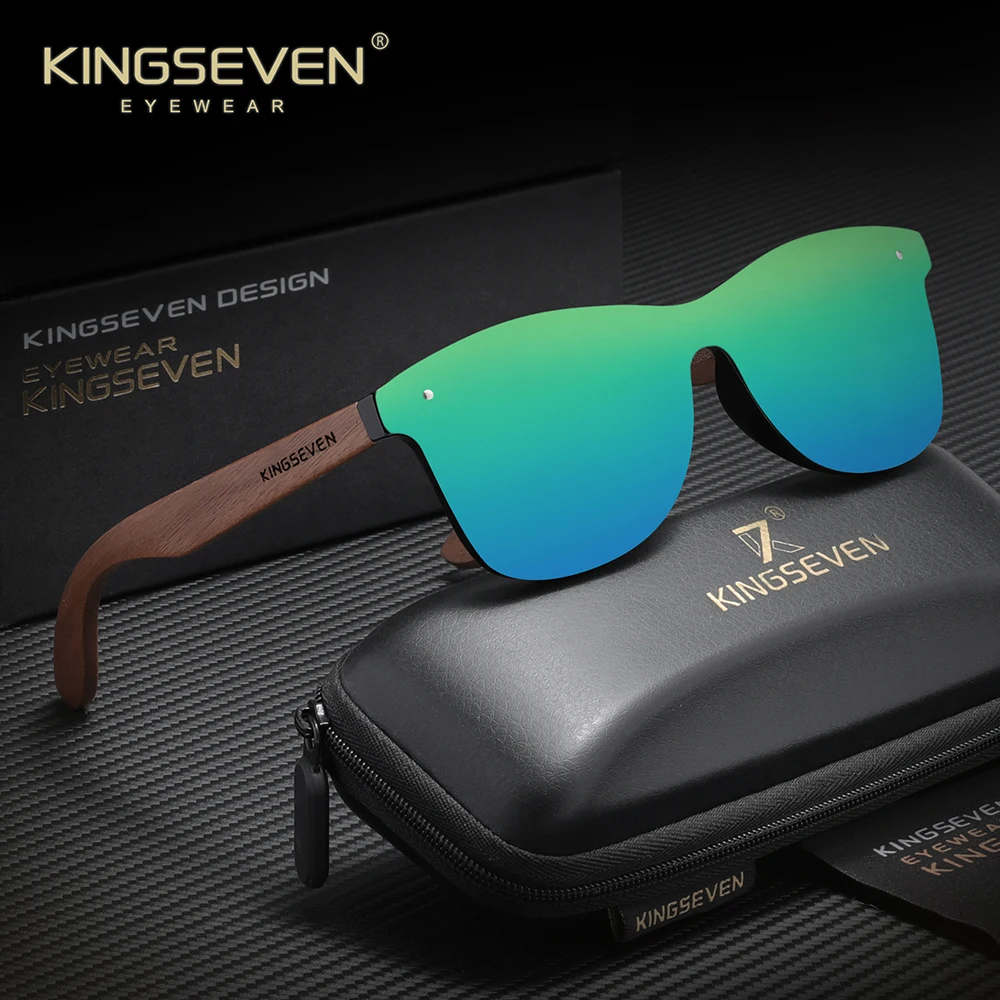 KINGSEVEN Sunglasses Men Polarized Walnut Wooden Eyewear Women Vintage Mirror HD UV400 Lenses Eyewear