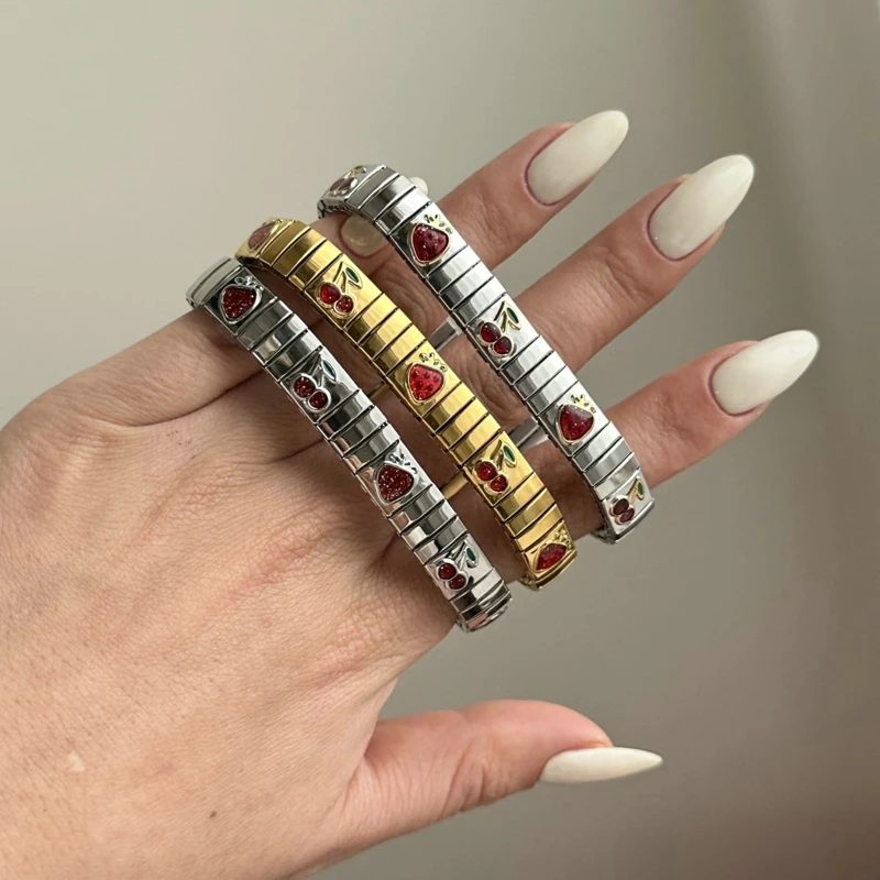Edelstahl Mode Erdbeere Kirsche Elastische Armreif Für Frauen Gold Farbe Aussage Chic Schmuck