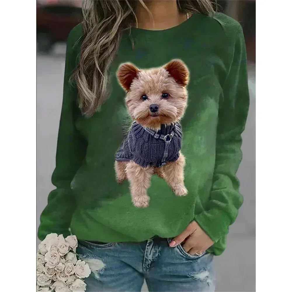 2023 New Women\'s 3D T-shirt O-neck Long Sleeve Cat Puppy Fashion Animal Cute Pet Print Large Casual Street Wear Oversize Ootd