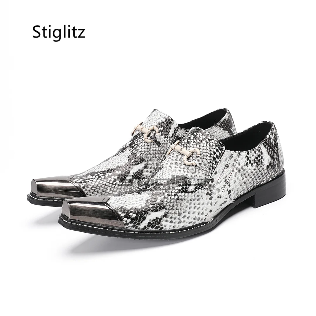 

Metal Pointed Toe Leather Shoes for Men Buckle Snake Pattern Genuine Leather Men's Shoes Slip On Formal Wedding Business Shoes